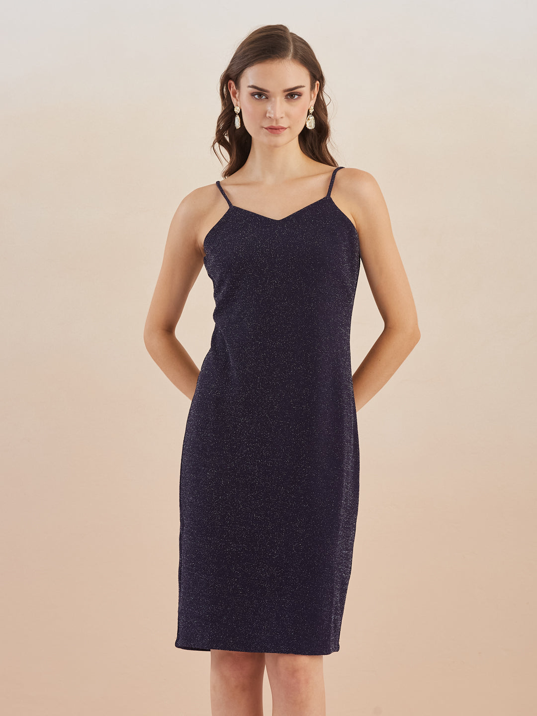 Latin Quarters Women Navy Blue Sweetheart Neck Sleeveless Shimmer Bodycon Dress with 3/4th Sleeve Shrug For Party Wear