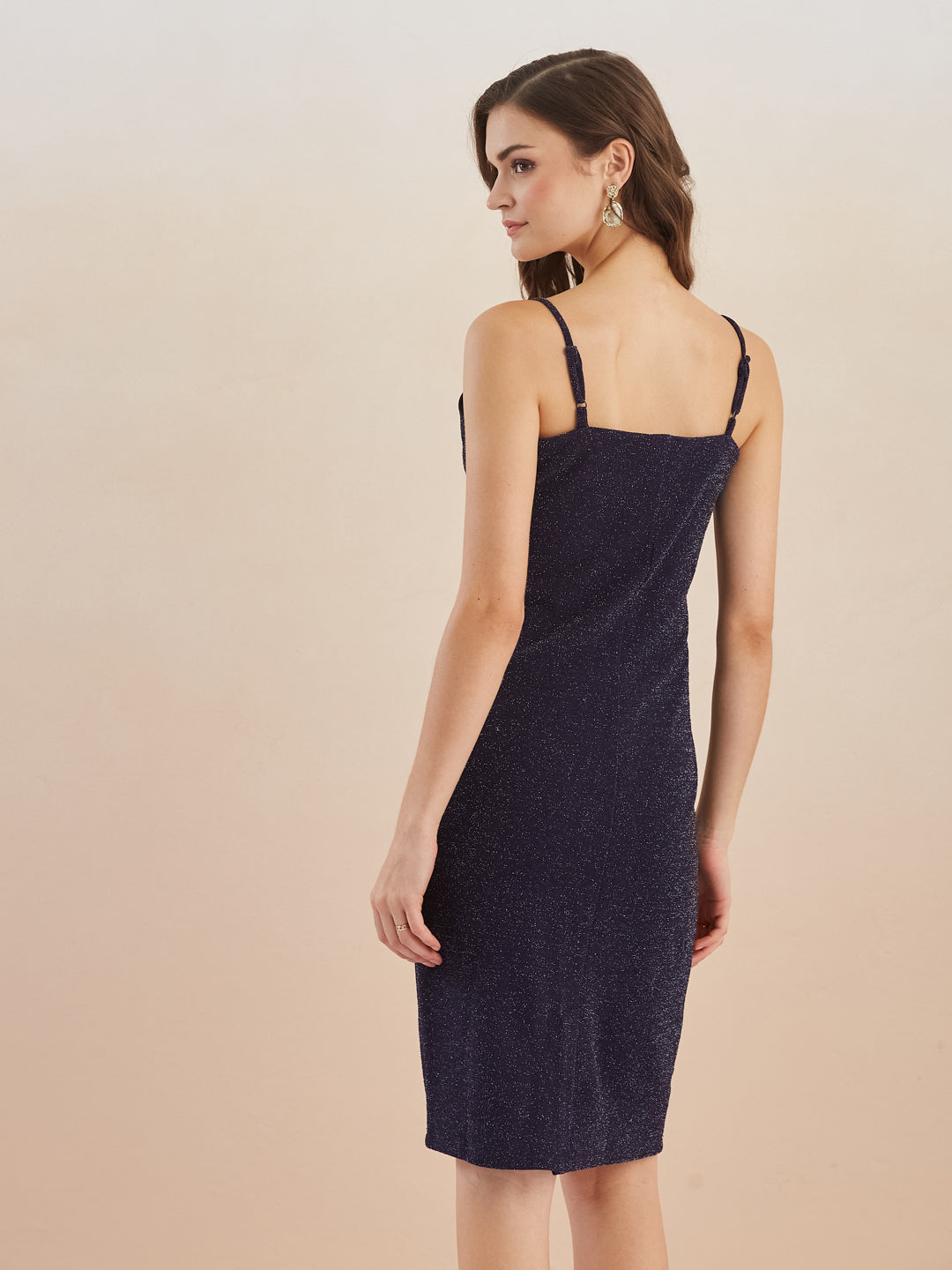 Latin Quarters Women Navy Blue Sweetheart Neck Sleeveless Shimmer Bodycon Dress with 3/4th Sleeve Shrug For Party Wear