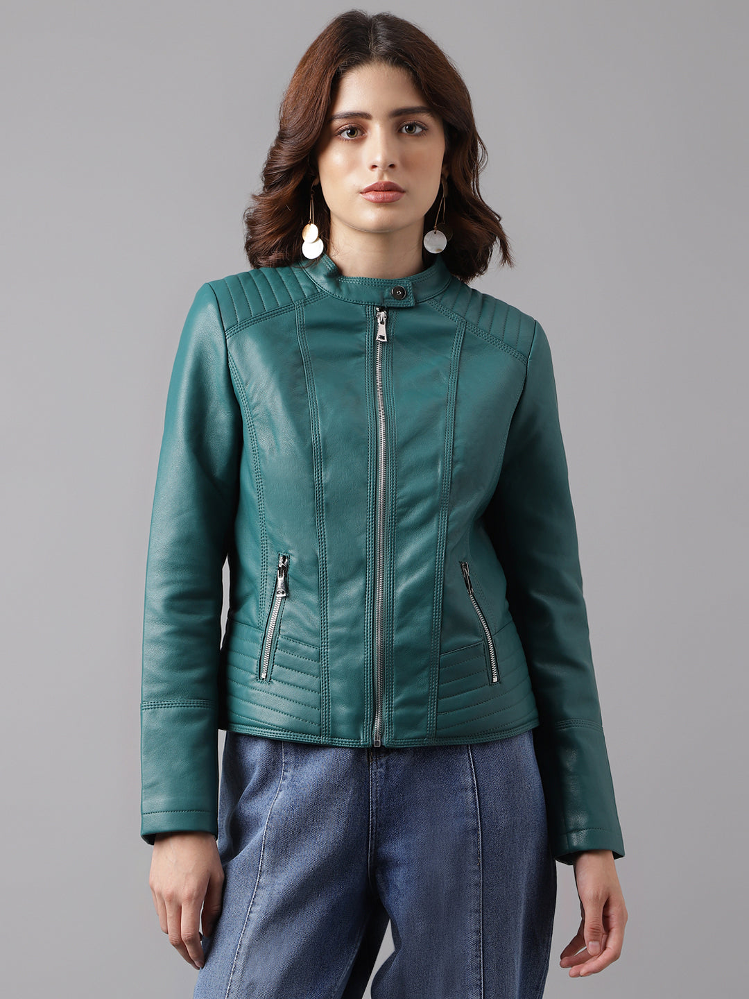 Green Full Sleeve Solid Straight Jacket