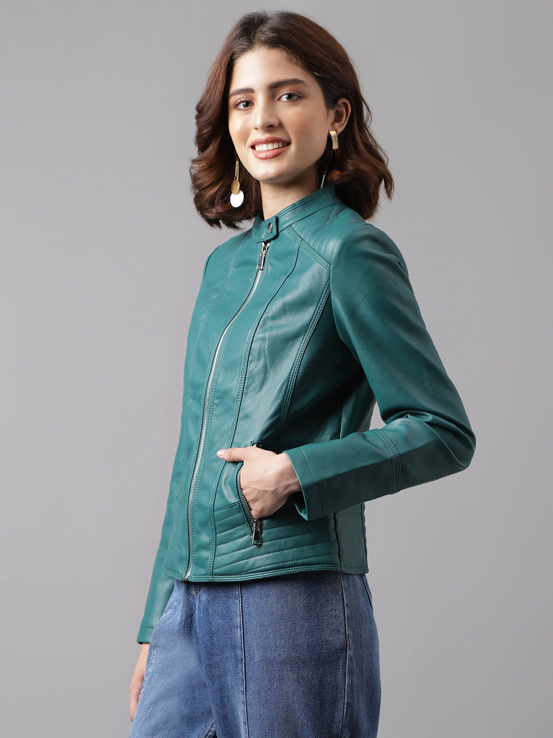 Green Full Sleeve Solid Straight Jacket
