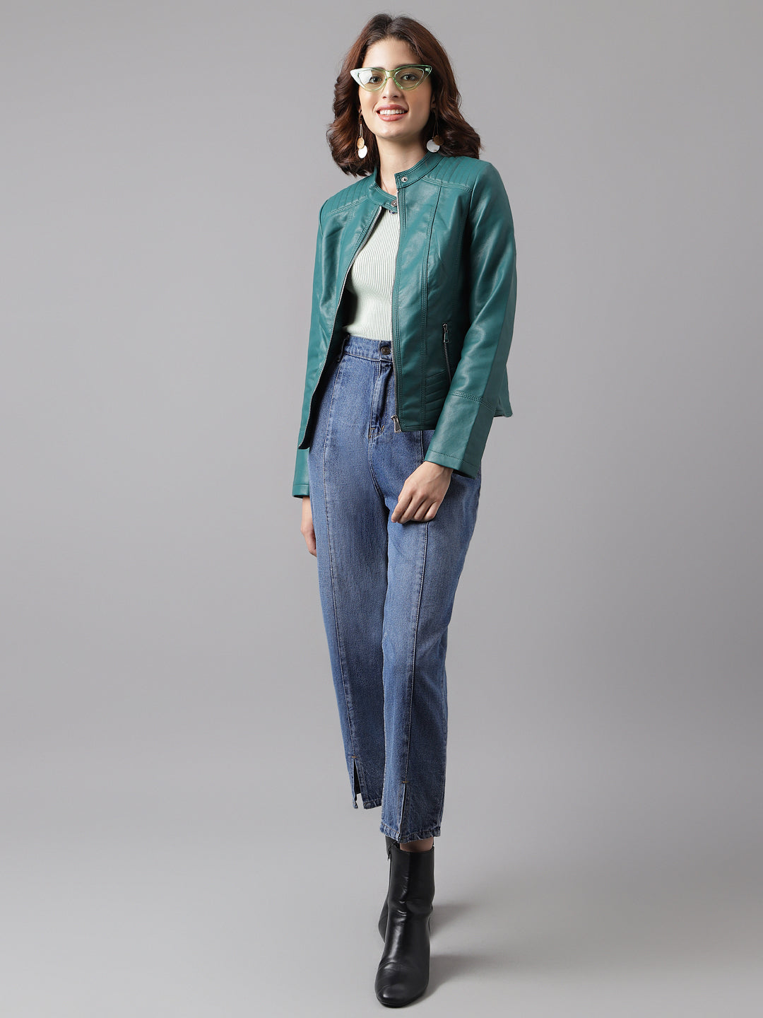 Green Full Sleeve Solid Straight Jacket