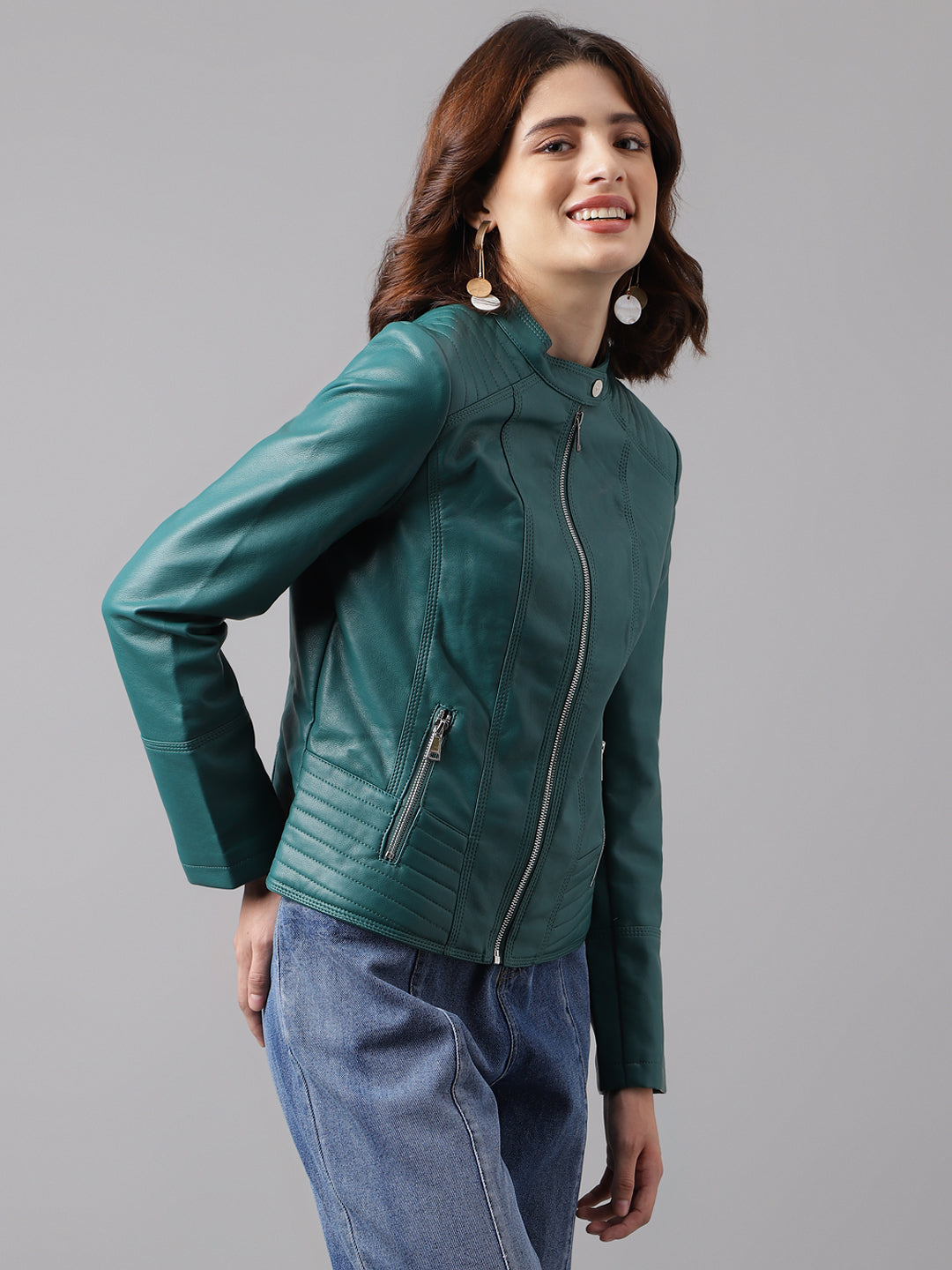 Green Full Sleeve Solid Straight Jacket