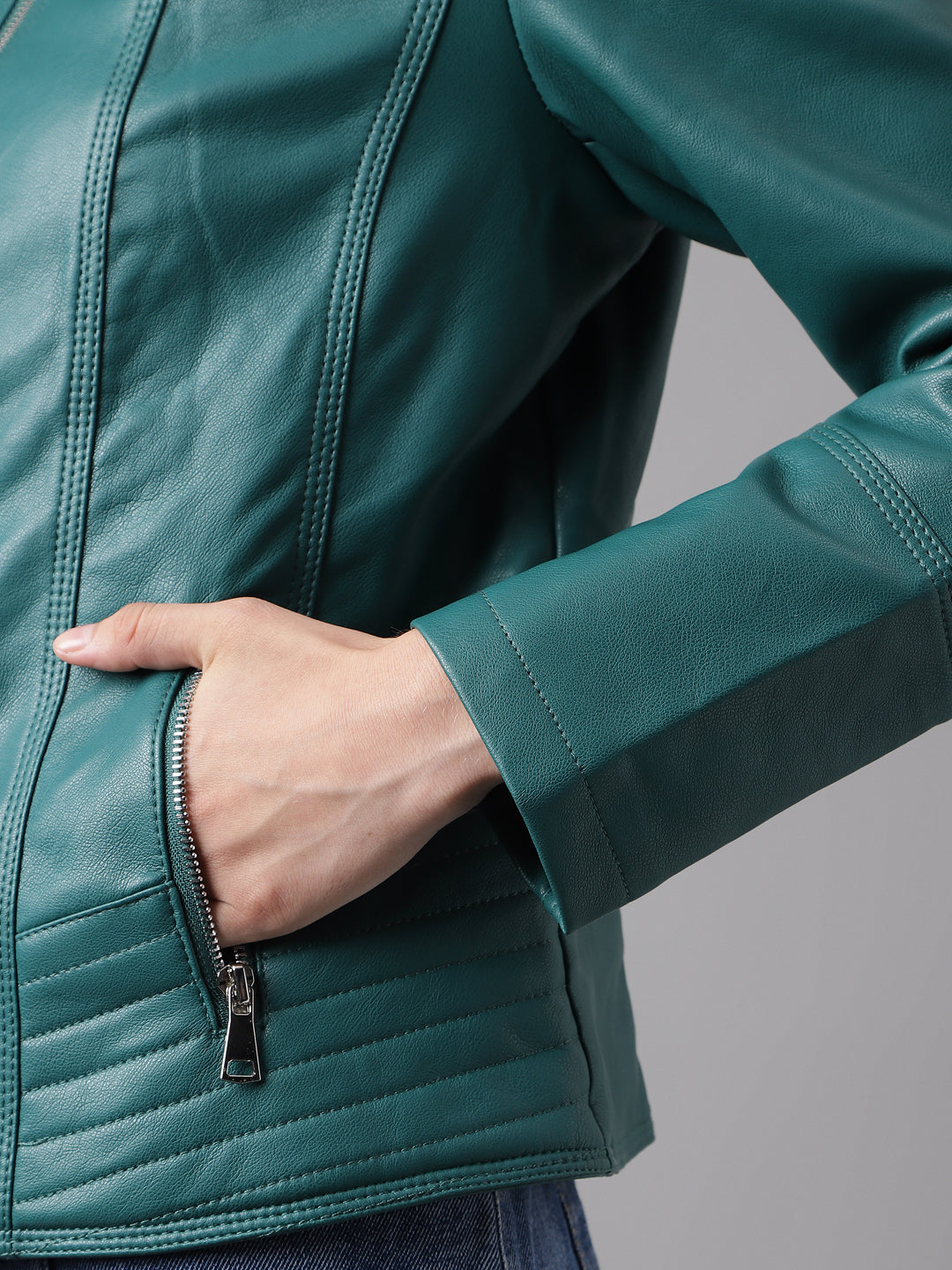 Green Full Sleeve Solid Straight Jacket