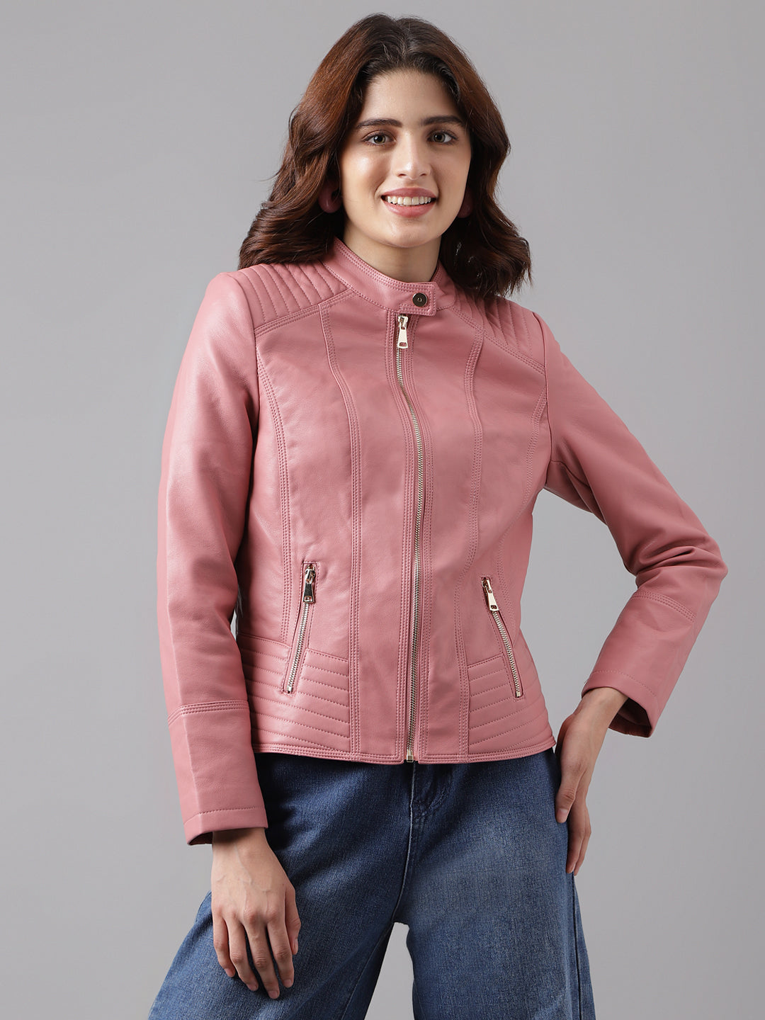 Pink Full Sleeve Solid Jacket With Pockets