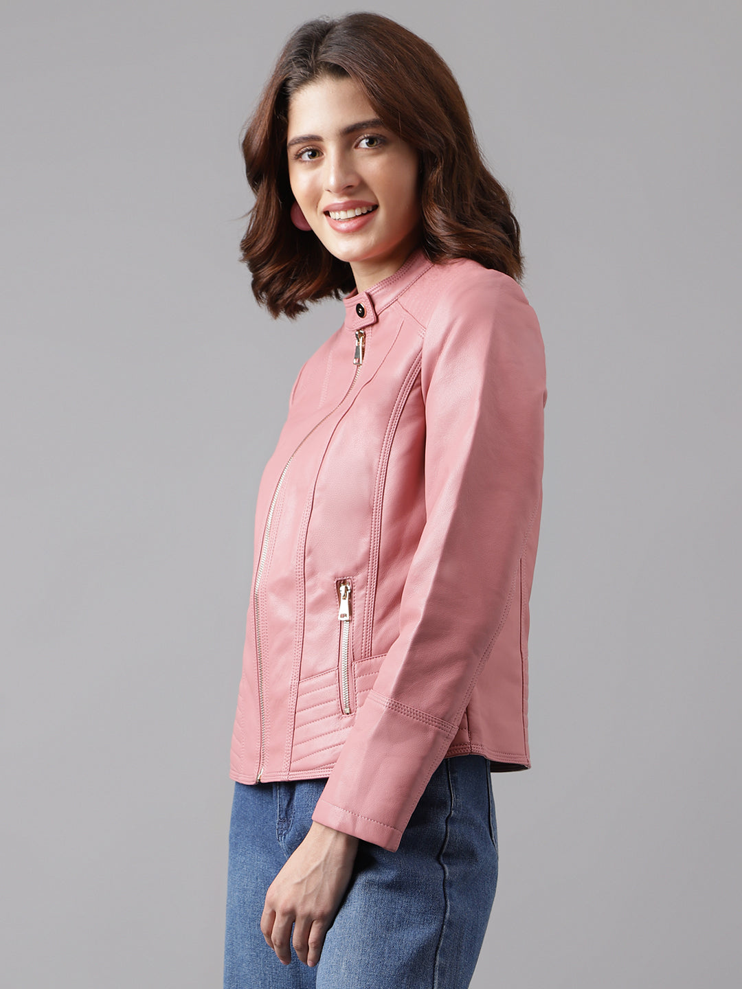 Pink Full Sleeve Solid Jacket With Pockets
