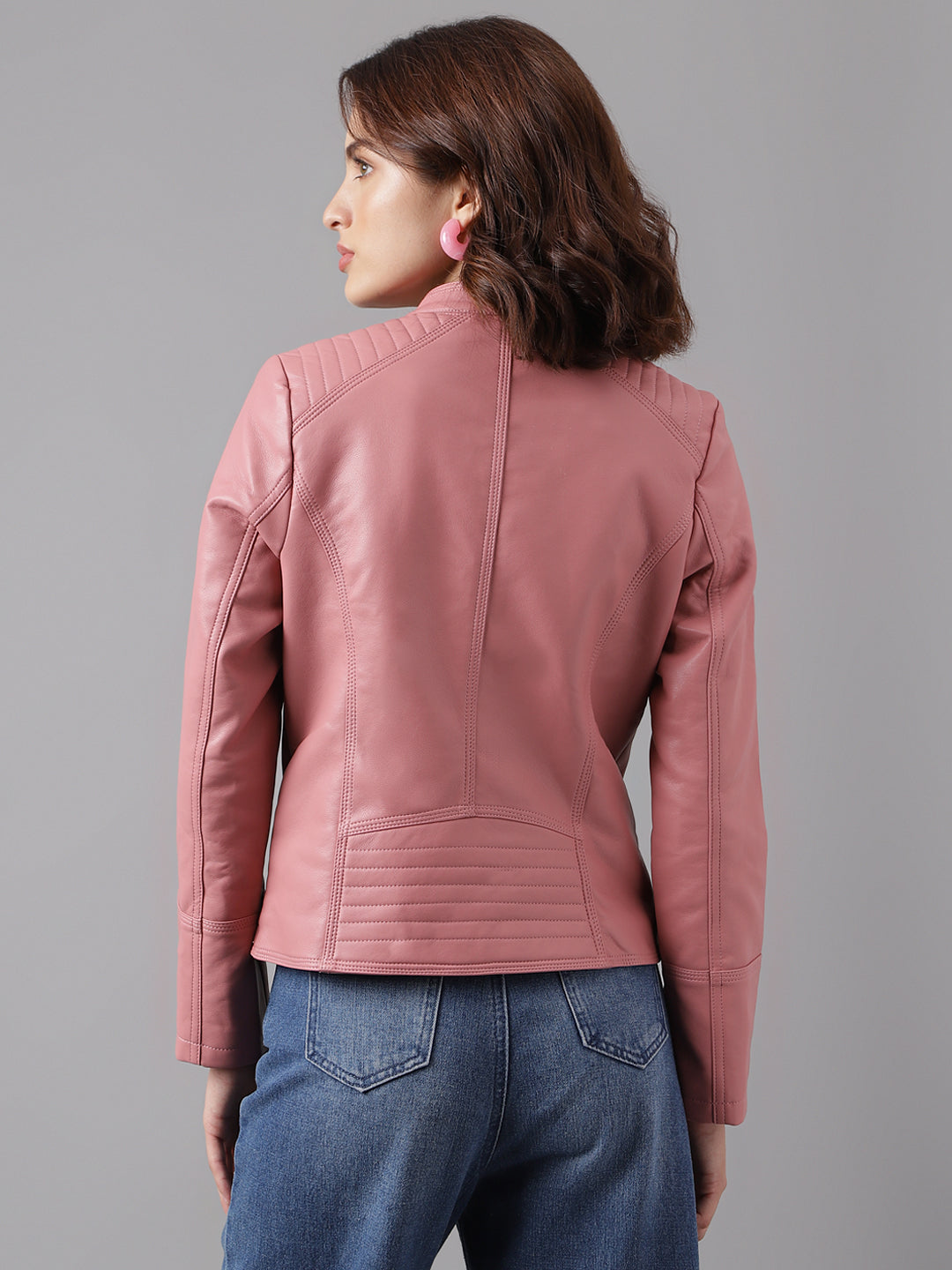 Pink Full Sleeve Solid Jacket With Pockets