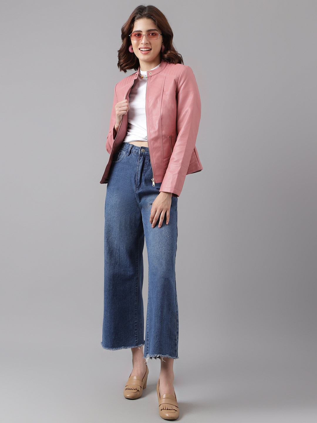 Pink Full Sleeve Solid Jacket With Pockets