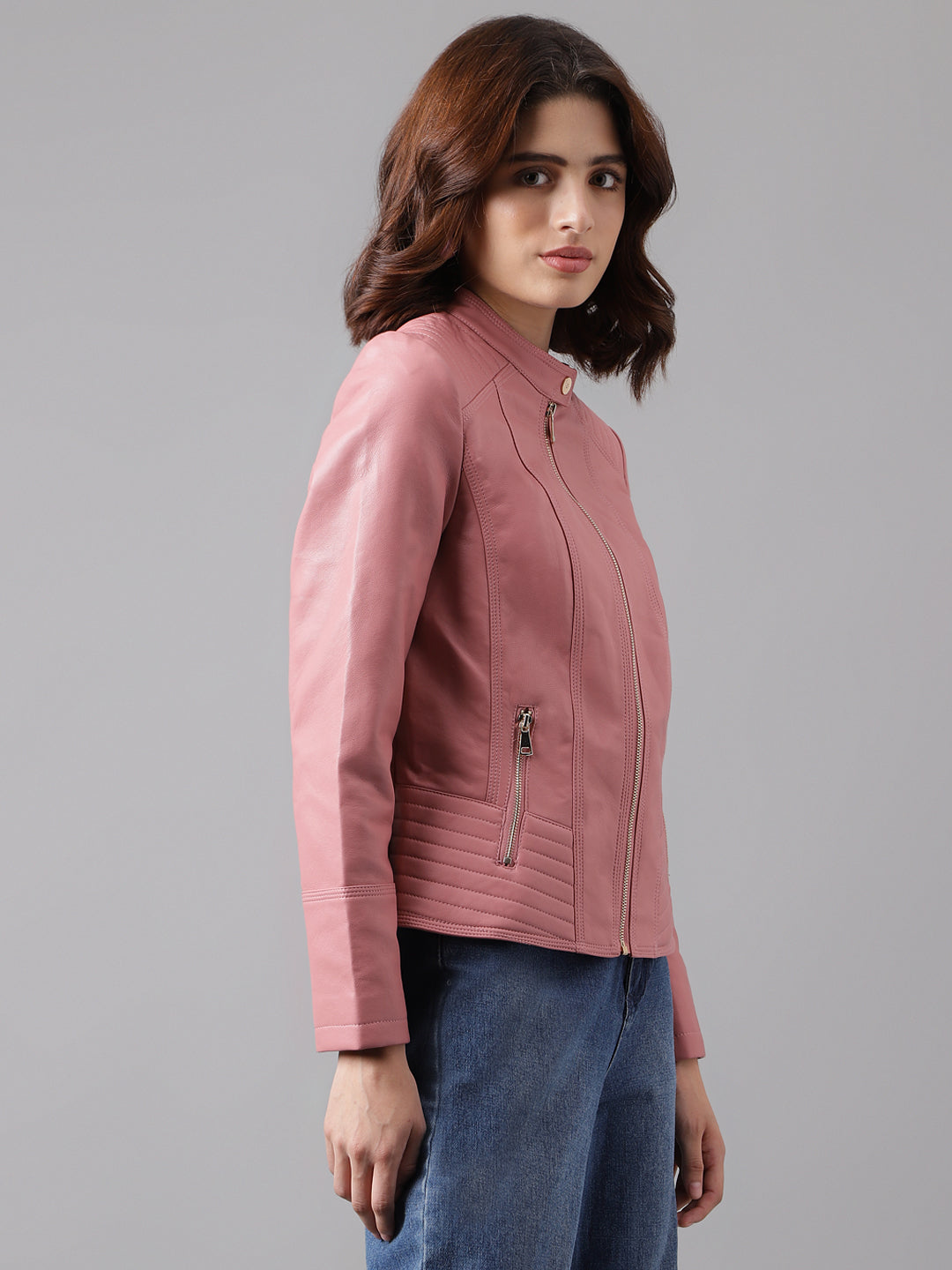 Pink Full Sleeve Solid Jacket With Pockets