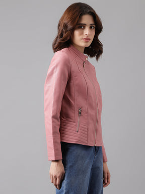 PINK FULL SLEEVE SOLID JACKET WITH POCKETS