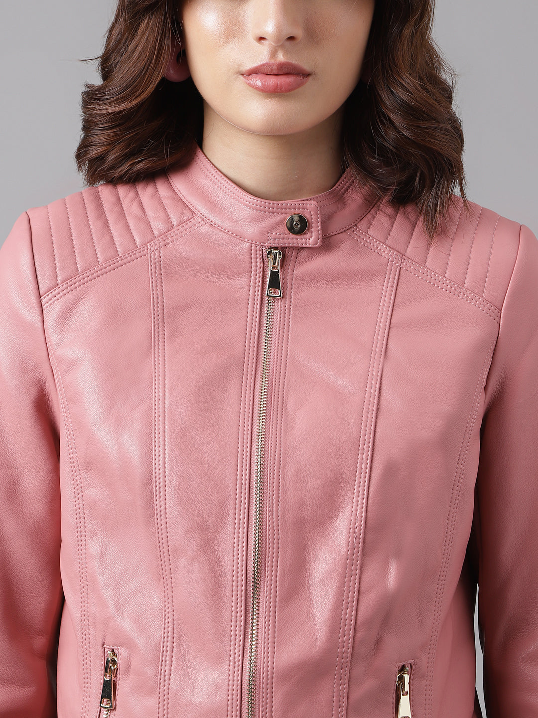 Pink Full Sleeve Solid Jacket With Pockets