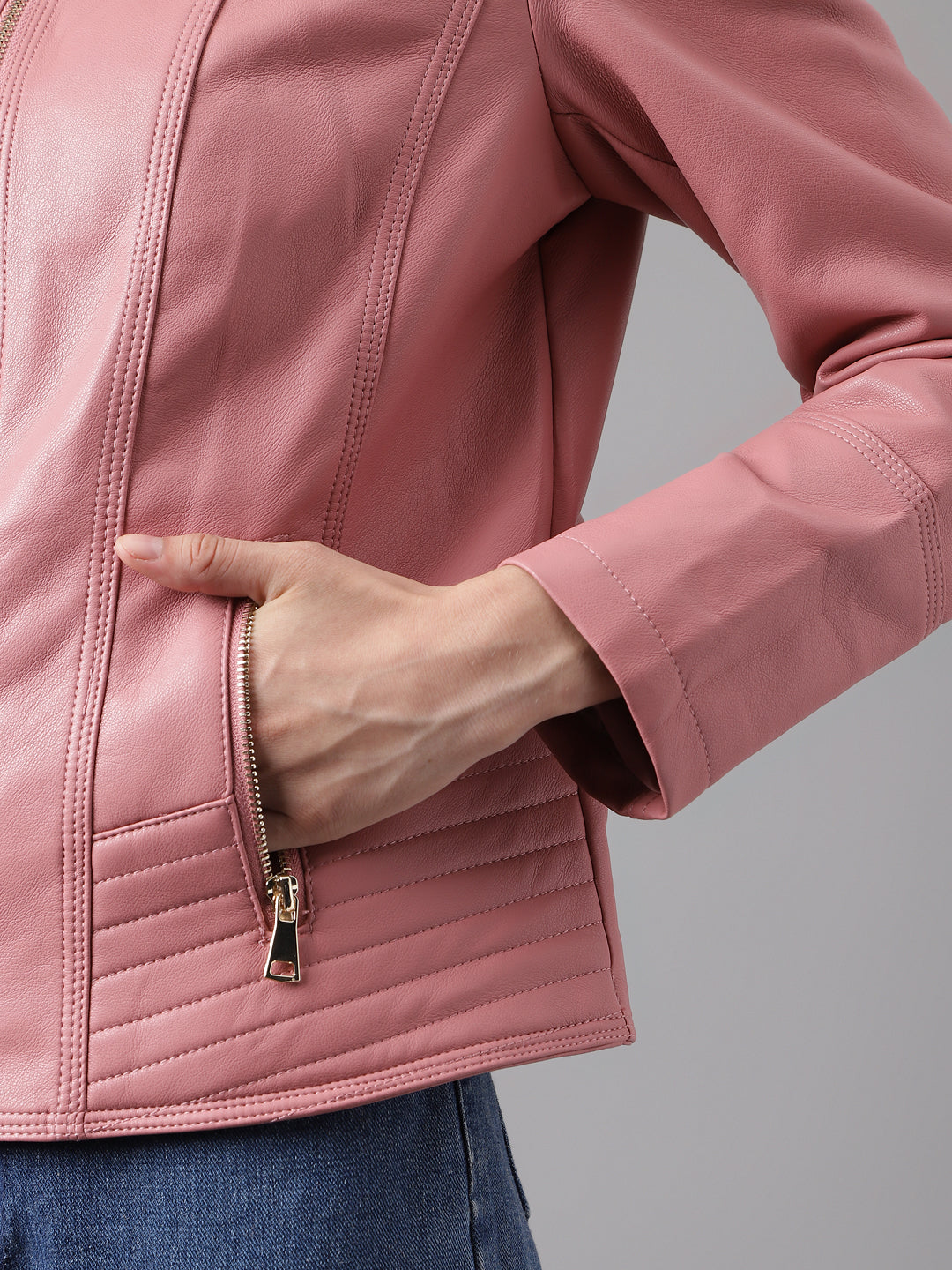Pink Full Sleeve Solid Jacket With Pockets