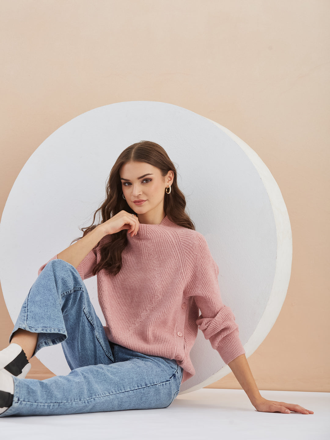 Latin Quarters Women's Pink Full Sleeves Round Neck Knitted Casual Hip Length Sweater