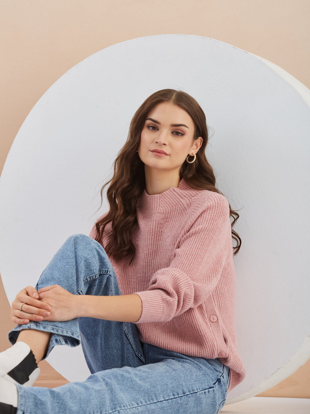 Latin Quarters Women's Pink Full Sleeves Round Neck Knitted Casual Hip Length Sweater