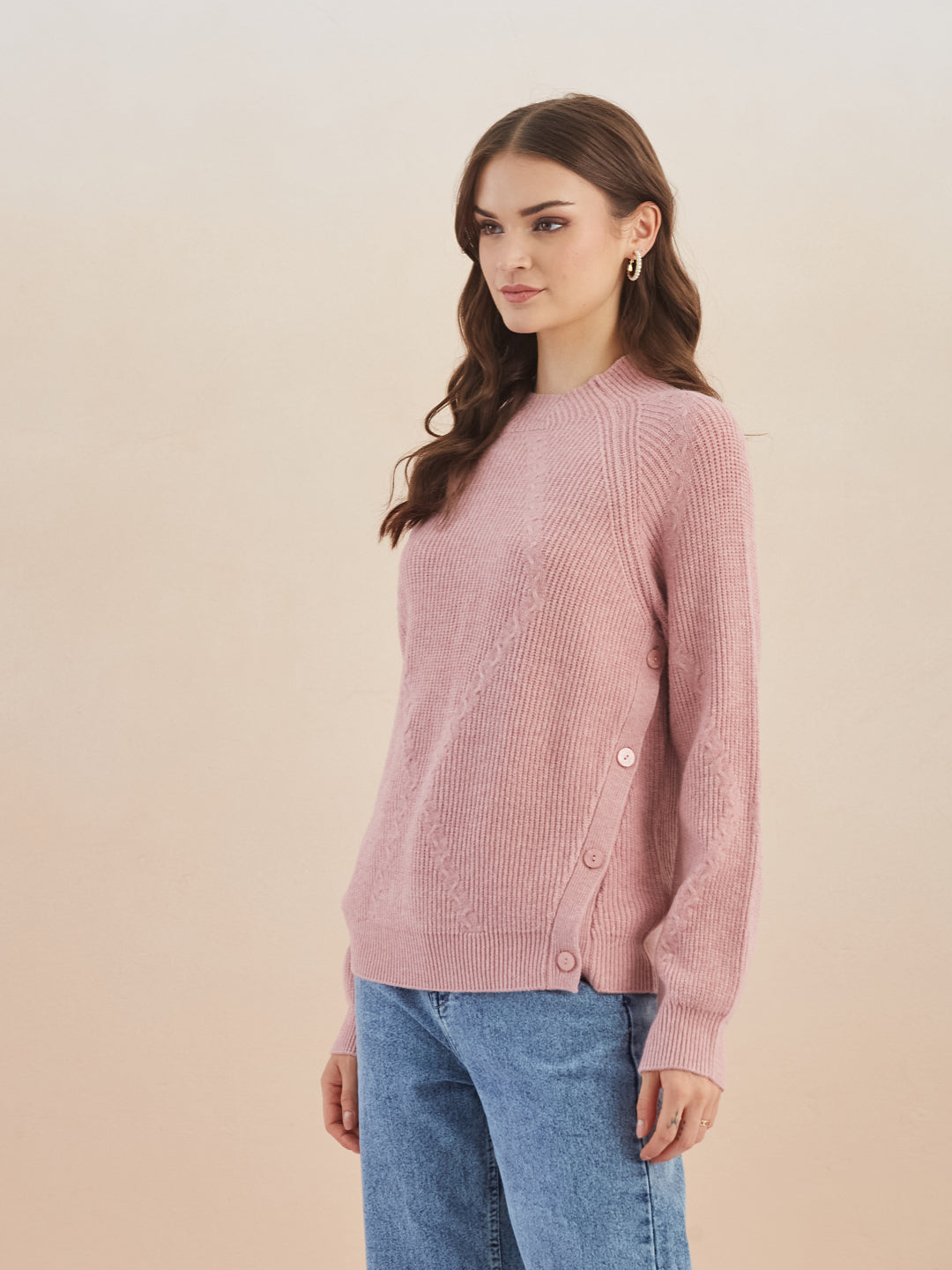 Latin Quarters Women's Pink Full Sleeves Round Neck Knitted Casual Hip Length Sweater