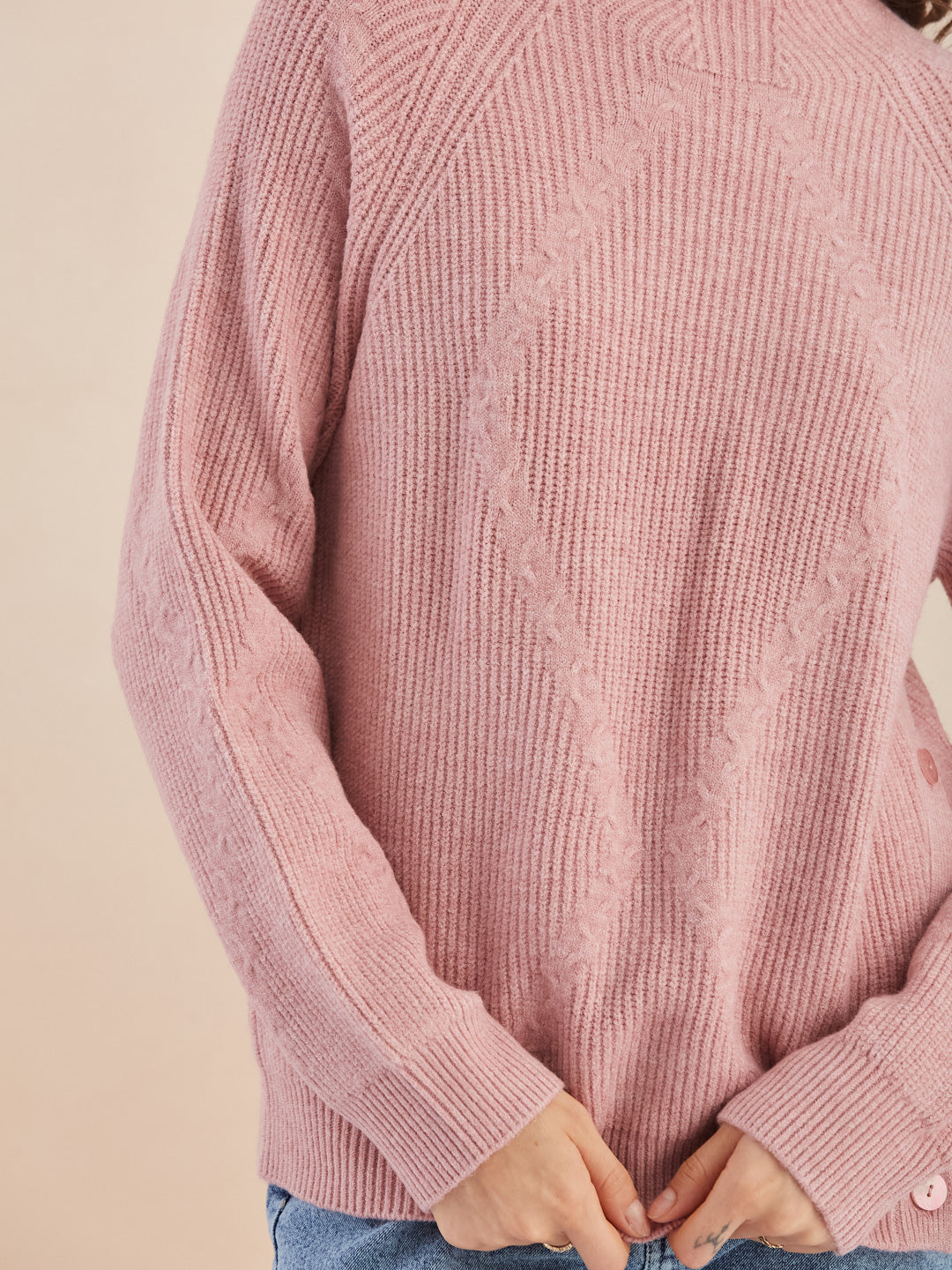 Latin Quarters Women's Pink Full Sleeves Round Neck Knitted Casual Hip Length Sweater