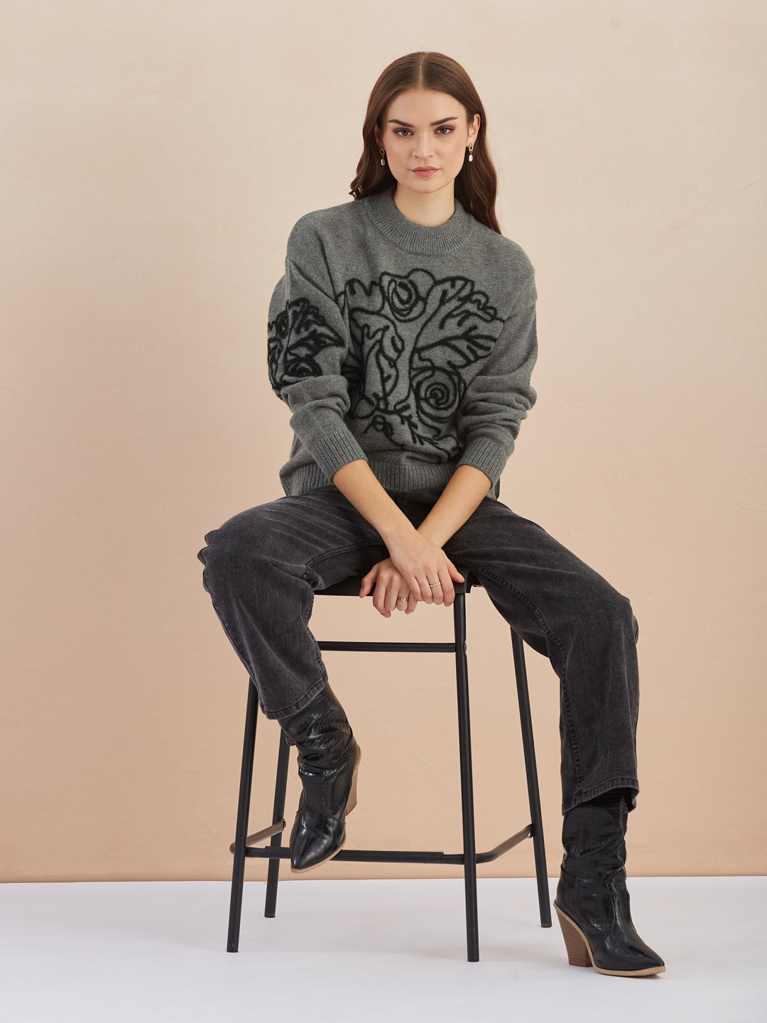 Latin Quarters Women's Grey Full Sleeves Round Neck Self Design Casual Hip Length Sweater