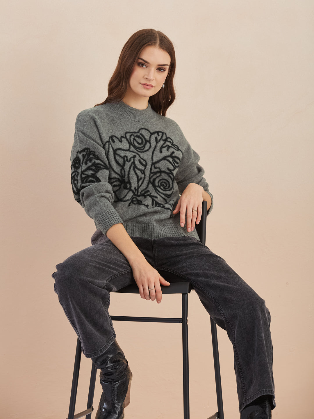 Latin Quarters Women's Grey Full Sleeves Round Neck Self Design Casual Hip Length Sweater