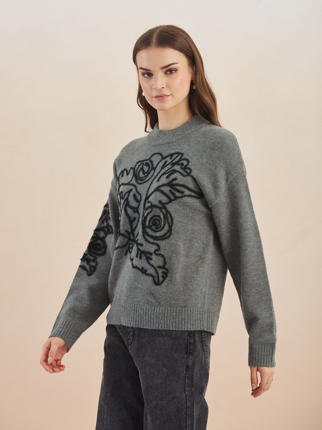 Latin Quarters Women's Grey Full Sleeves Round Neck Self Design Casual Hip Length Sweater