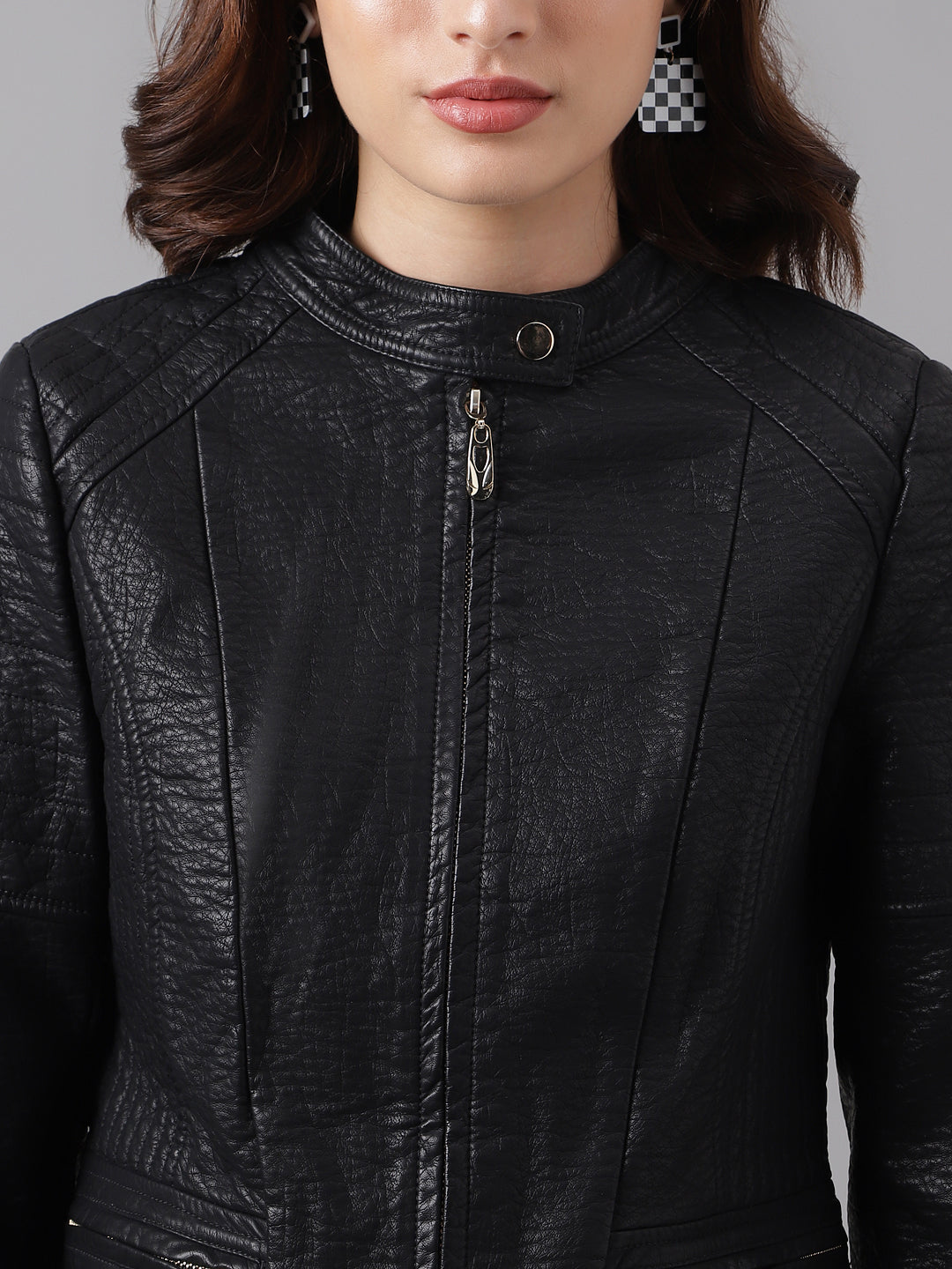 Black Full Sleeve Round Neck Solid Straight Jacket With Pocket for Women