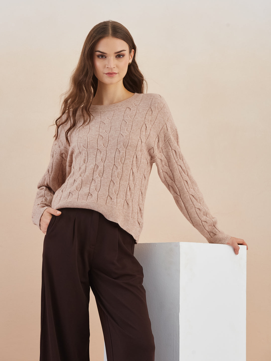 Latin Quarters Women'S Beige Round Neck Full Sleeves Self Design Casual Sweater