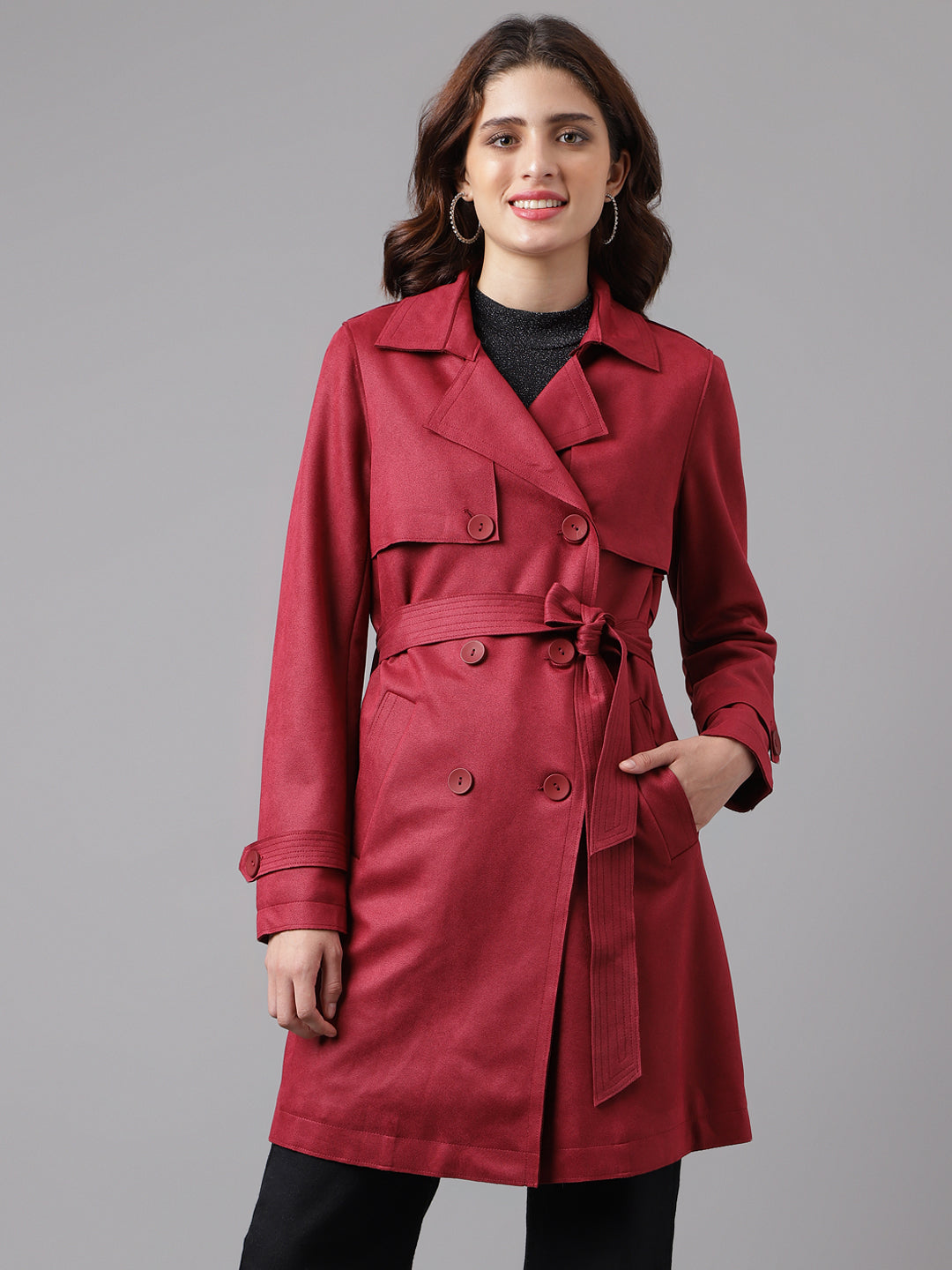 Maroon Full Sleeve Solid Trench Coat Jacket
