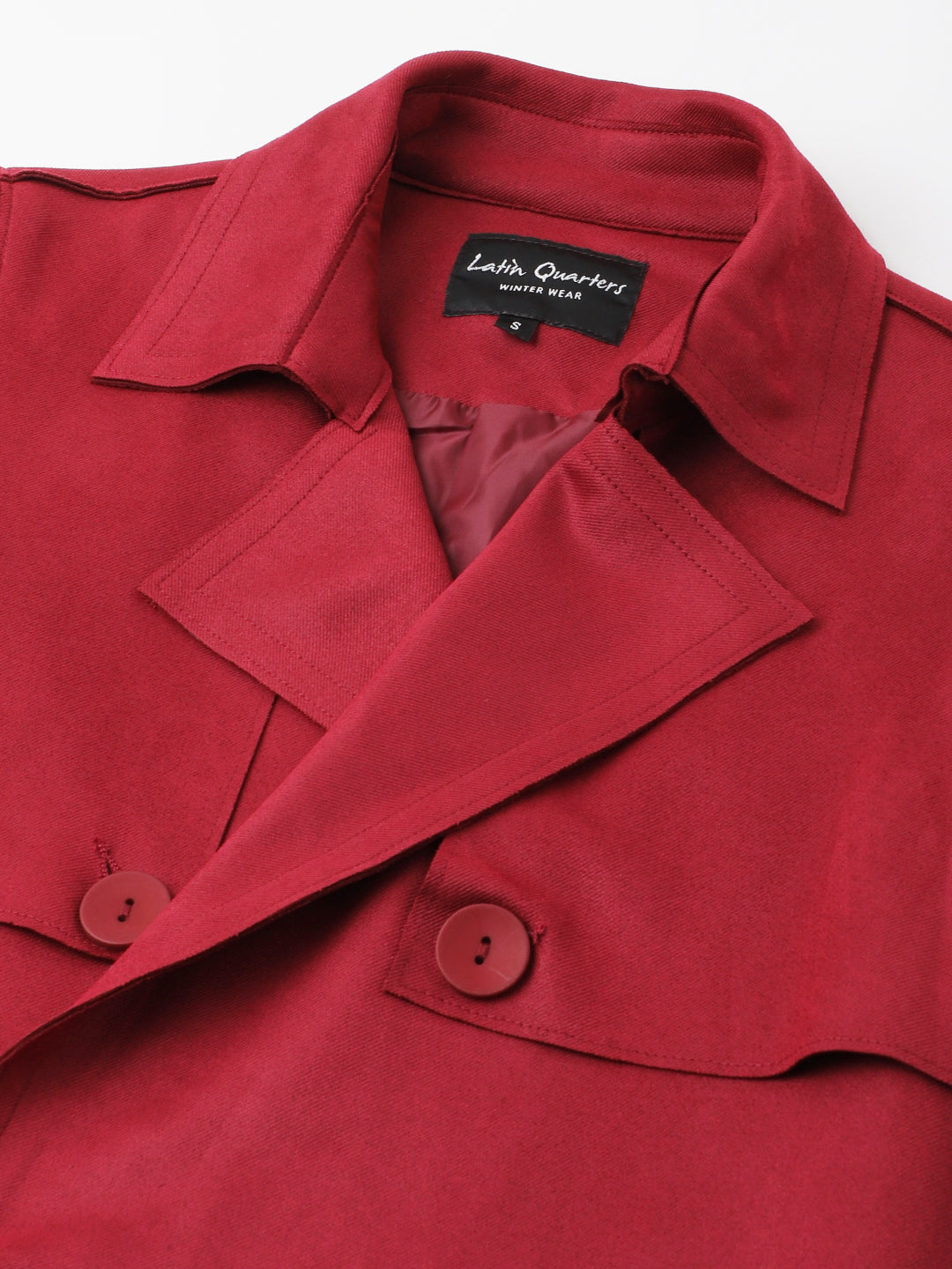 Maroon Full Sleeve Solid Trench Coat Jacket