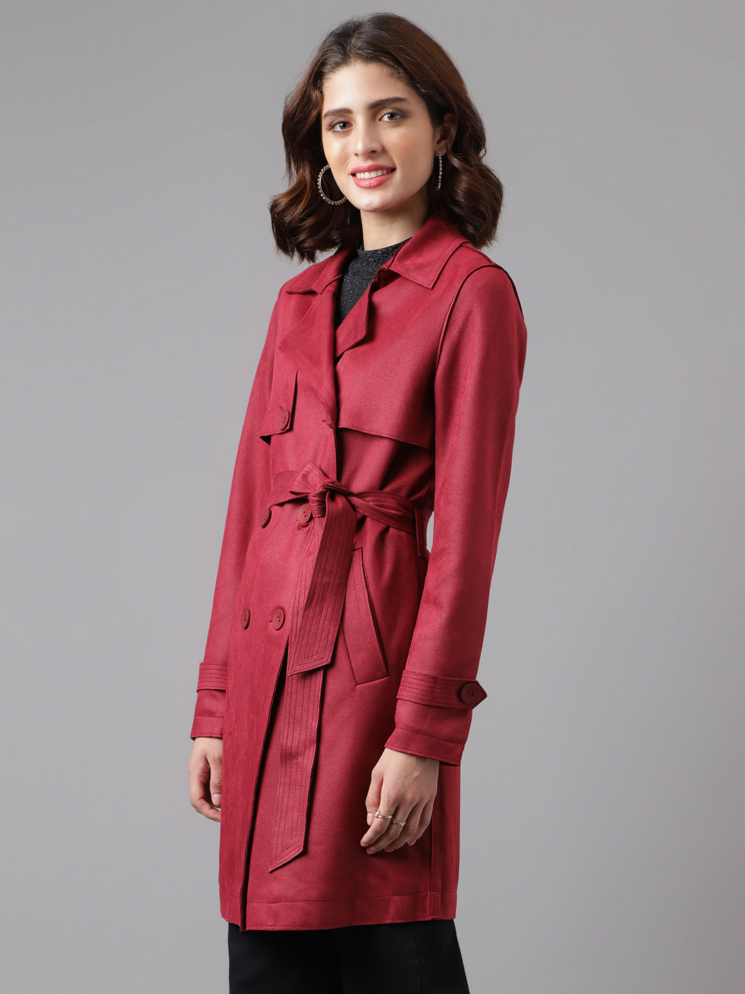 Maroon Full Sleeve Solid Trench Coat Jacket