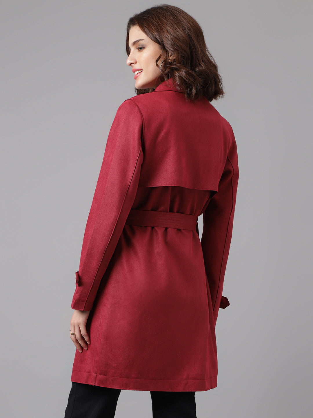 Maroon Full Sleeve Solid Trench Coat Jacket