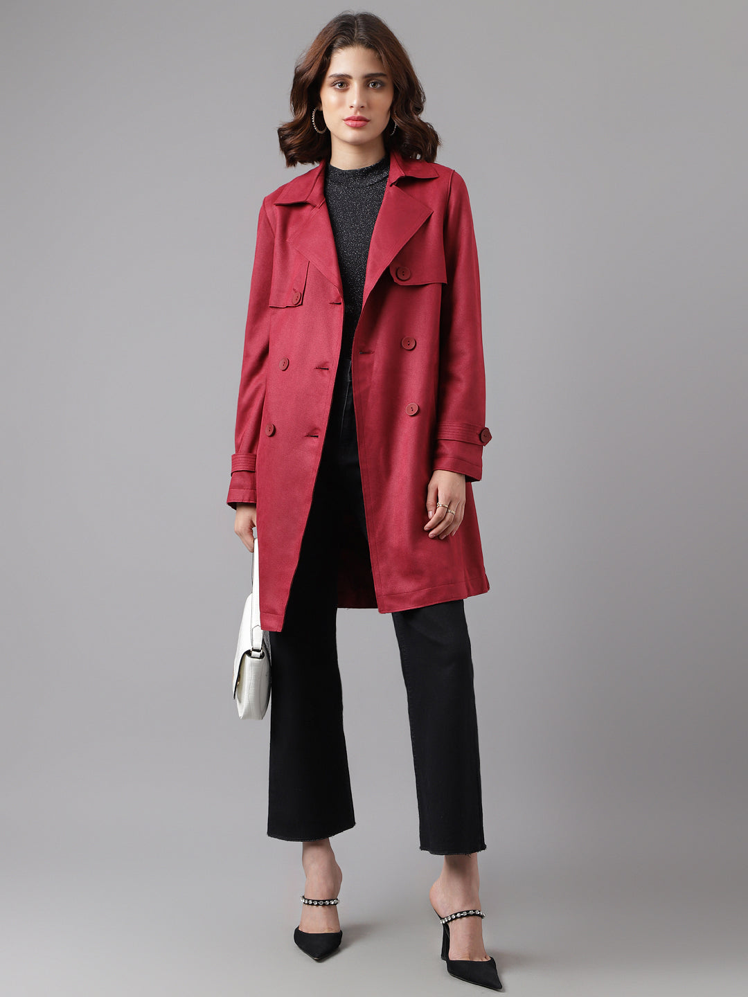 Maroon Full Sleeve Solid Trench Coat Jacket