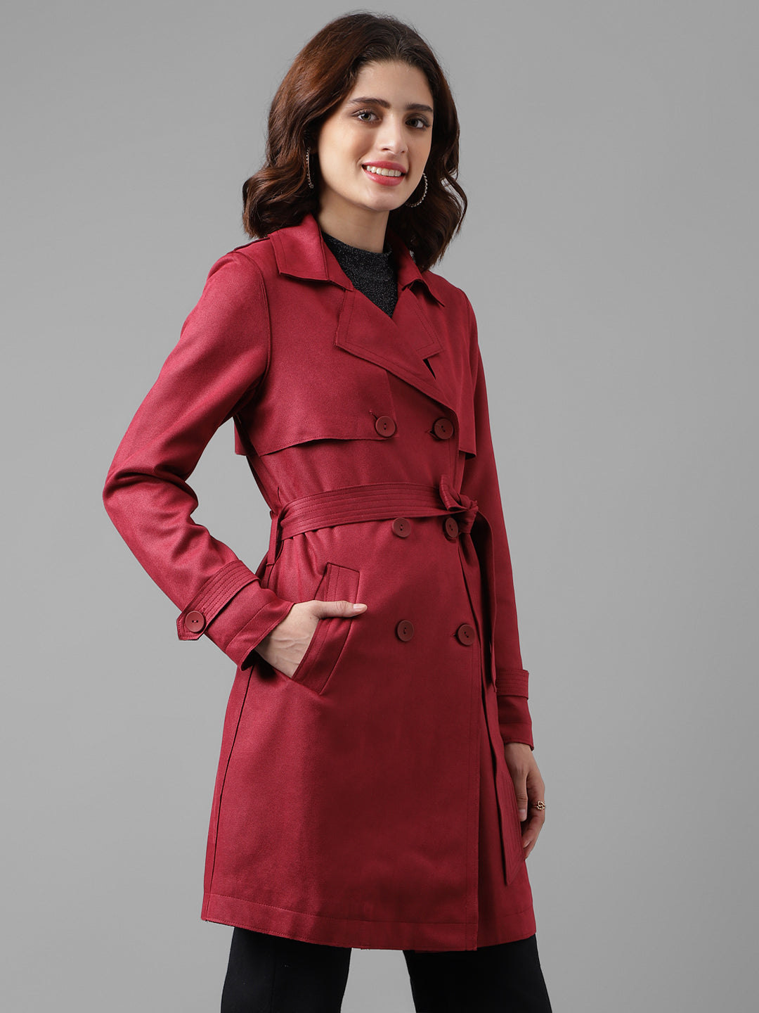 Maroon Full Sleeve Solid Trench Coat Jacket