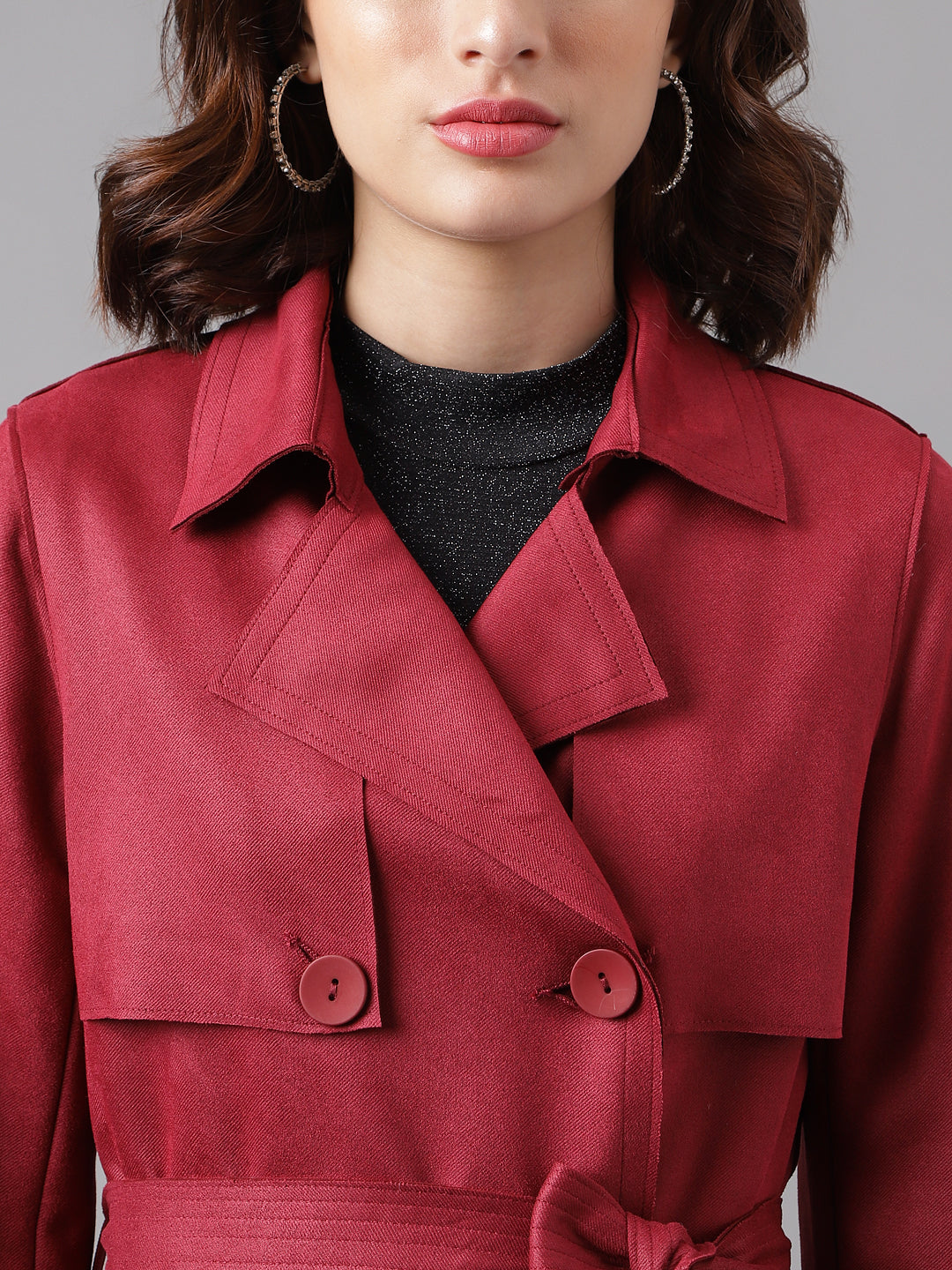 Maroon Full Sleeve Solid Trench Coat Jacket