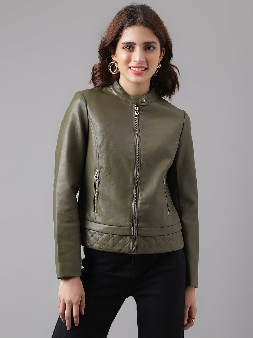 Green Full Sleeve Solid Biker Jacket