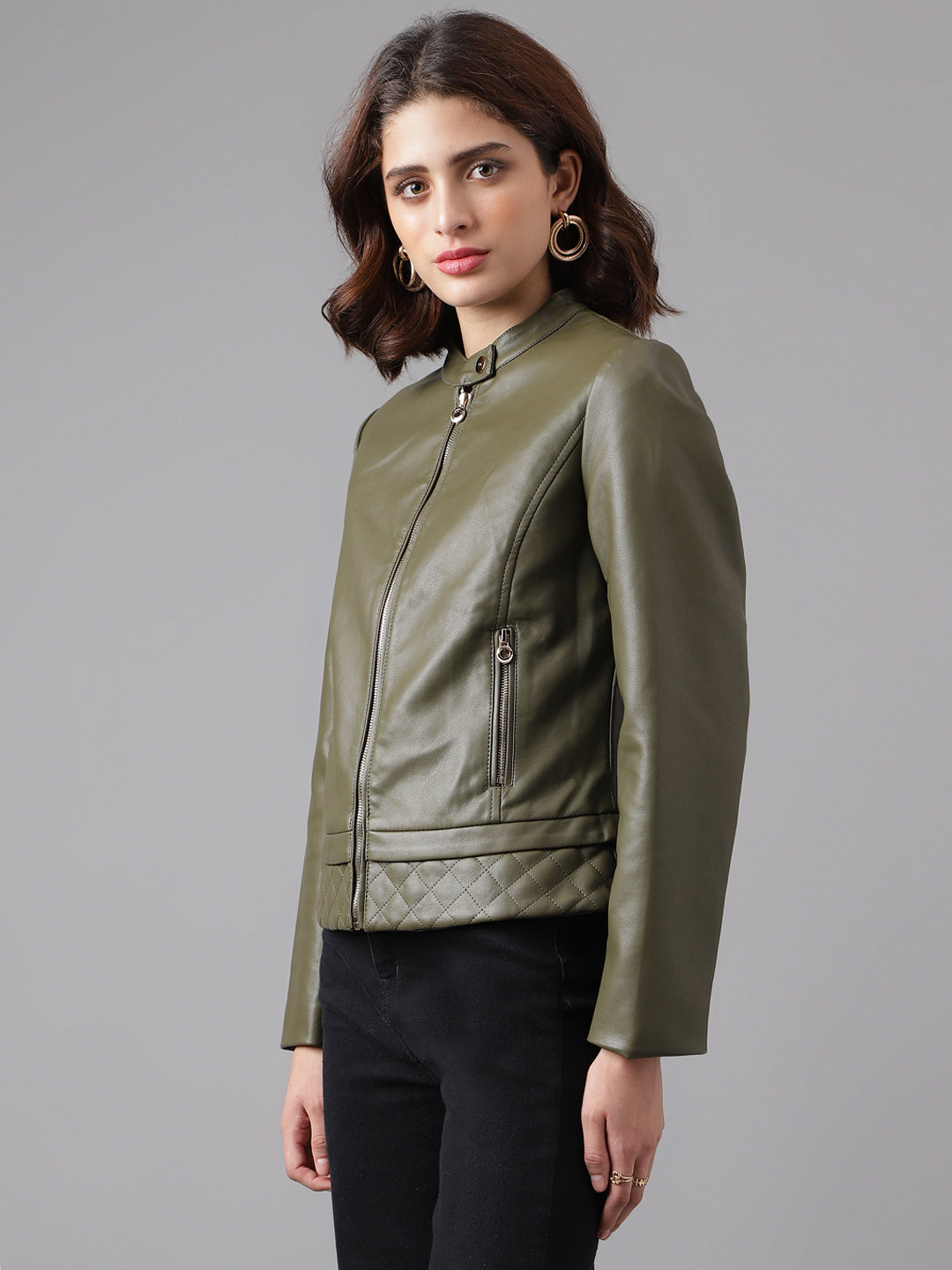 Green Full Sleeve Solid Biker Jacket
