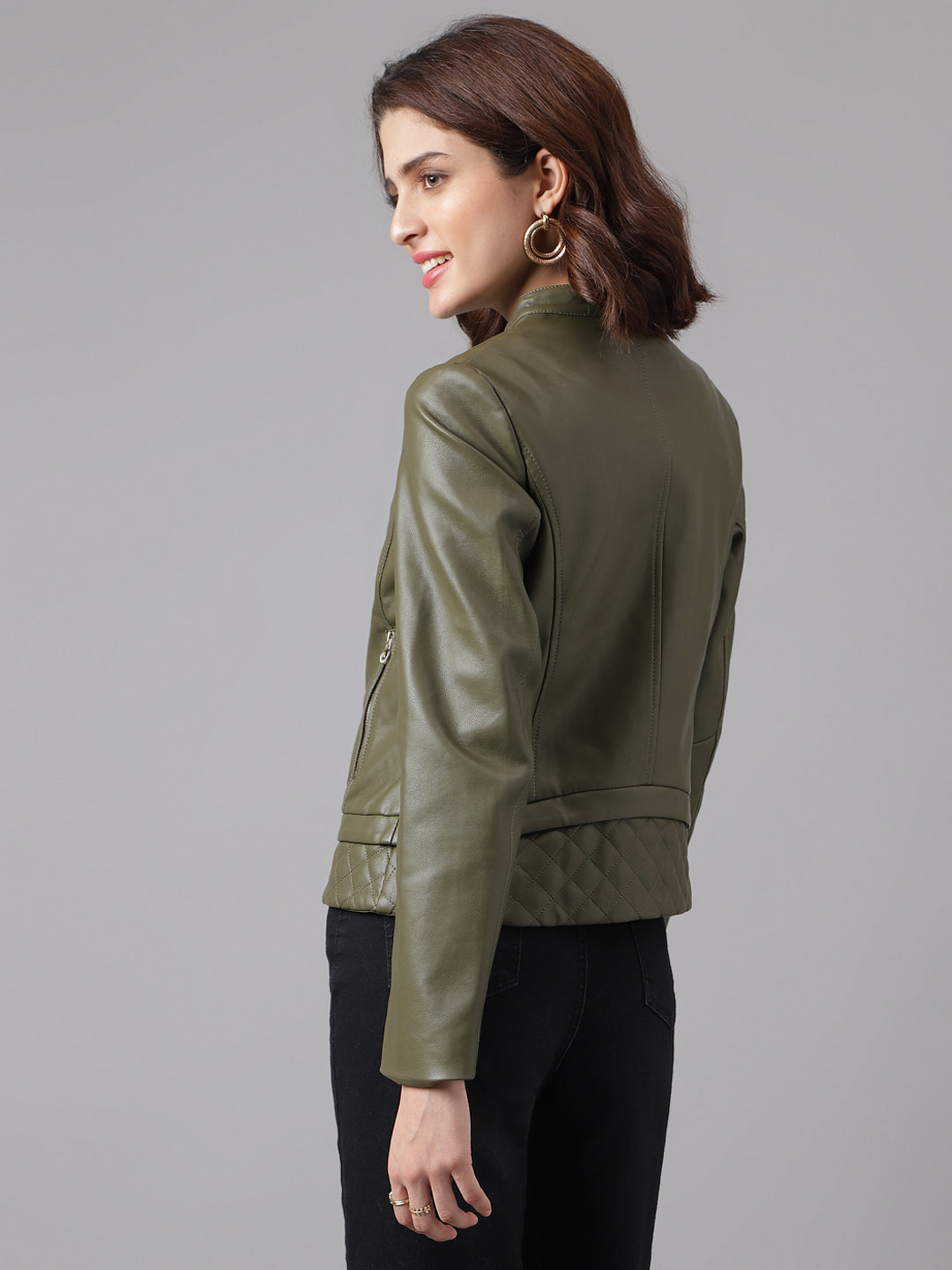 Green Full Sleeve Solid Biker Jacket