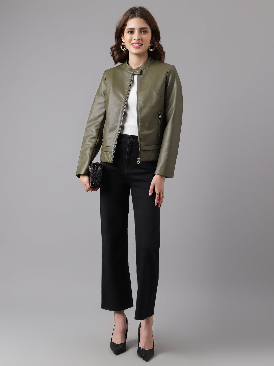 Green Full Sleeve Solid Biker Jacket