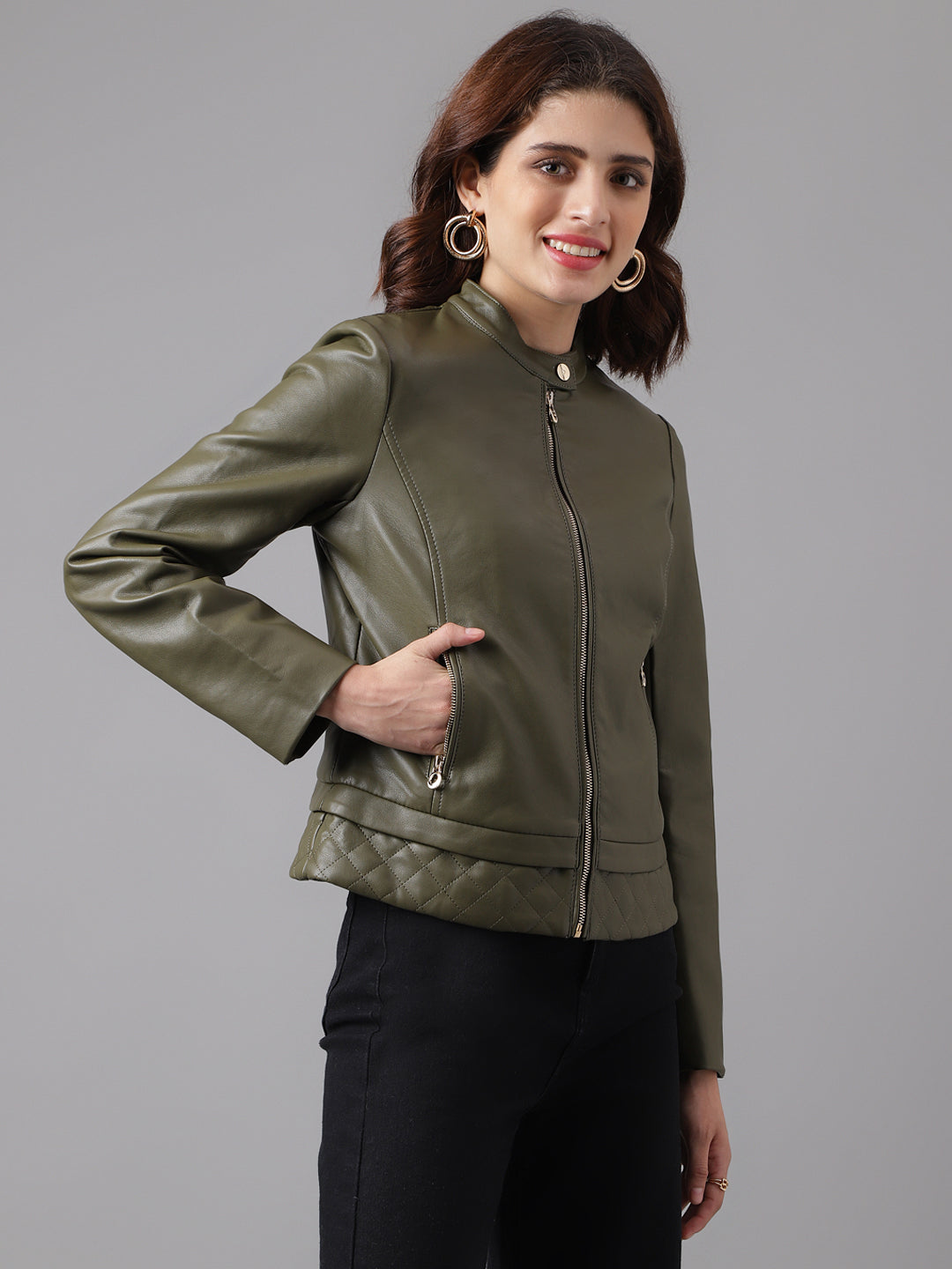 Green Full Sleeve Solid Biker Jacket