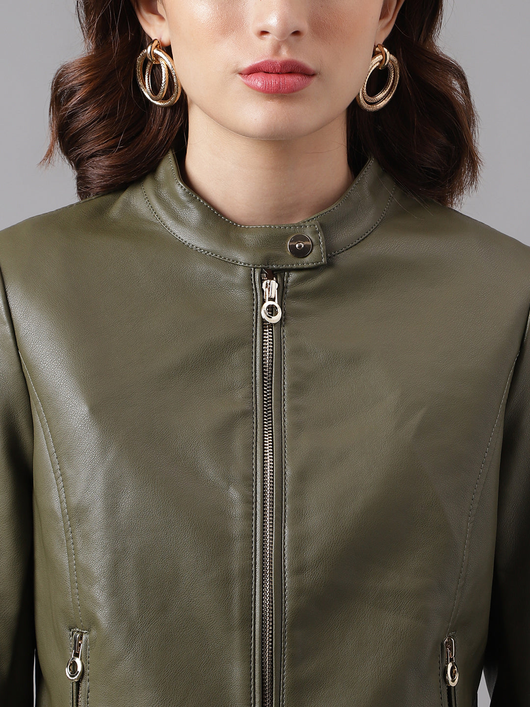 Green Full Sleeve Solid Biker Jacket