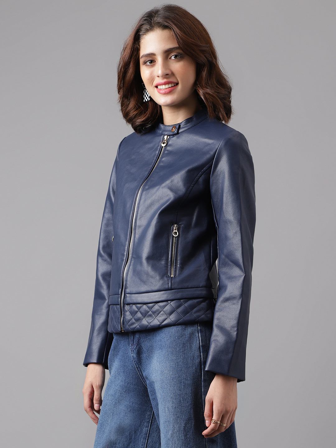Blue Navy Full Sleeve Solid Jacket With Pockets