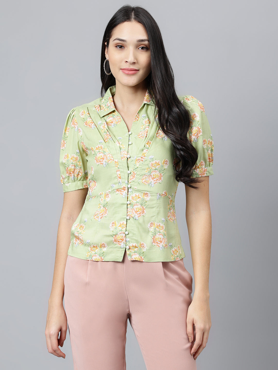 Green Printed Half Sleeve Casual Shirt Blouse
