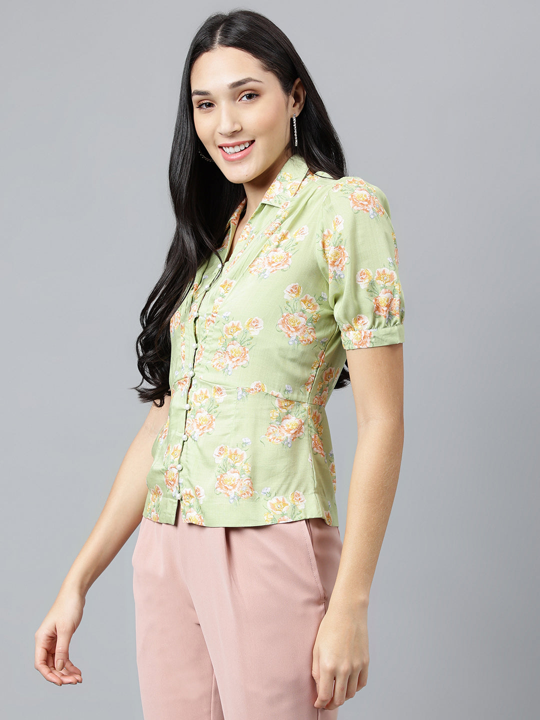 Green Printed Half Sleeve Casual Shirt Blouse