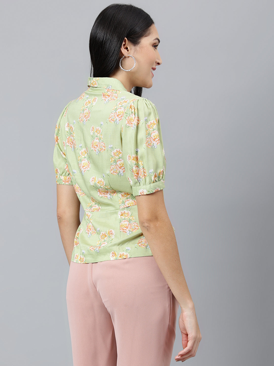 Green Printed Half Sleeve Casual Shirt Blouse