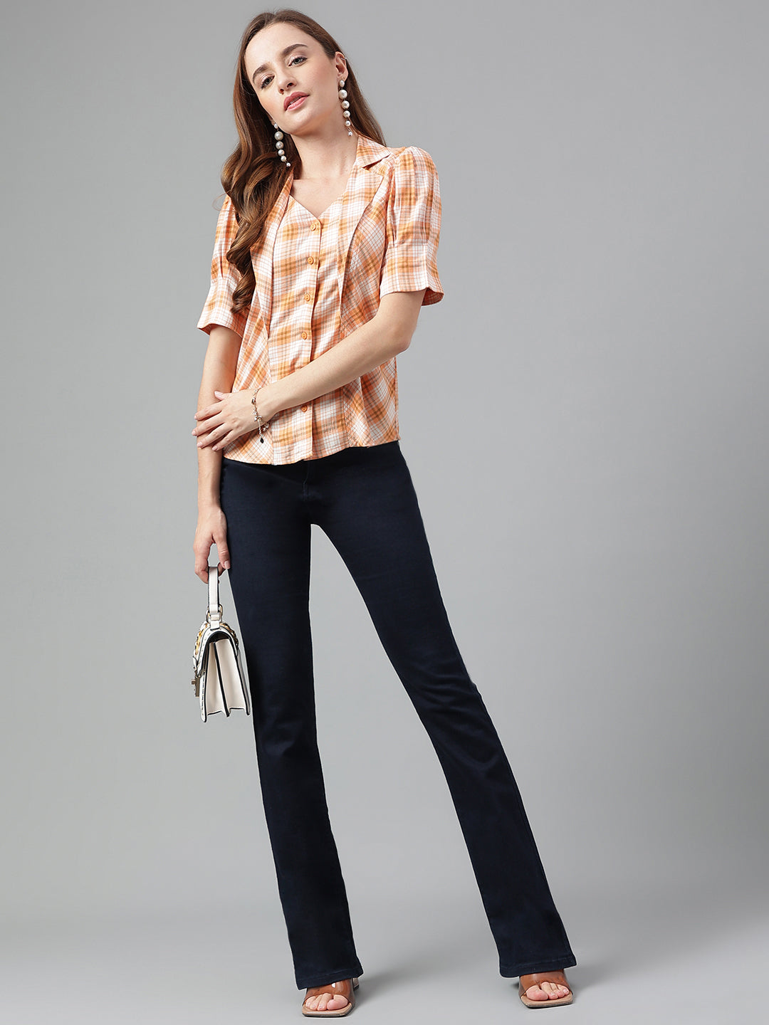 Orange Half Sleeve Yarn Dyed Blouse