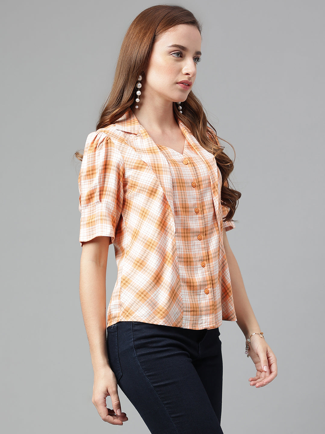 Orange Half Sleeve Yarn Dyed Blouse