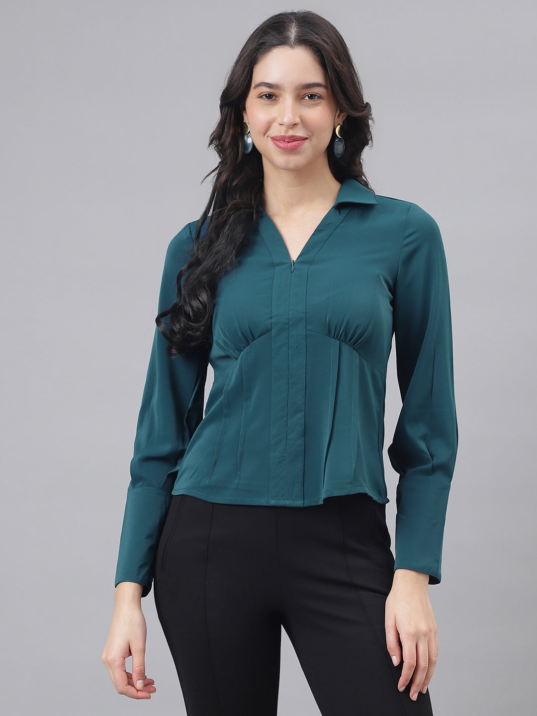 Latin Quarters Women's Teal Full Sleeves Collared Solid Casual Regular Shirt