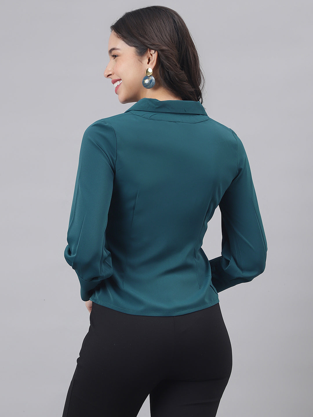 Latin Quarters Women's Teal Full Sleeves Collared Solid Casual Regular Shirt
