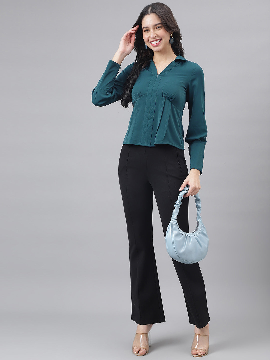 Latin Quarters Women's Teal Full Sleeves Collared Solid Casual Regular Shirt