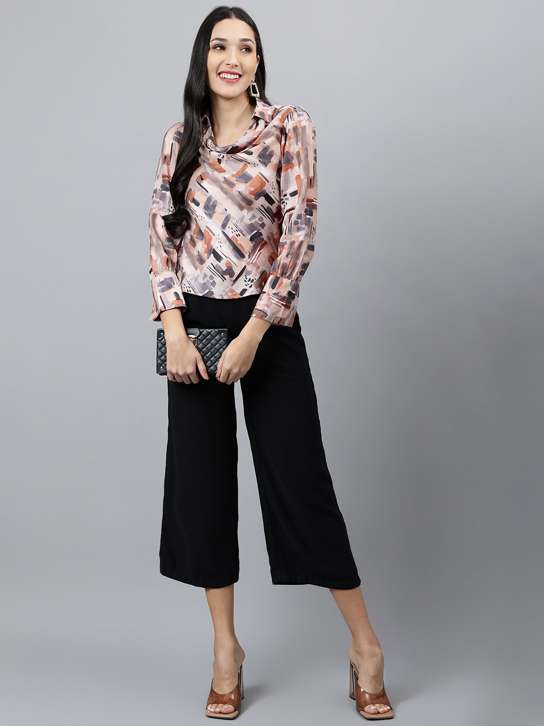 Brown Printed Full Sleeve Casual Blouse