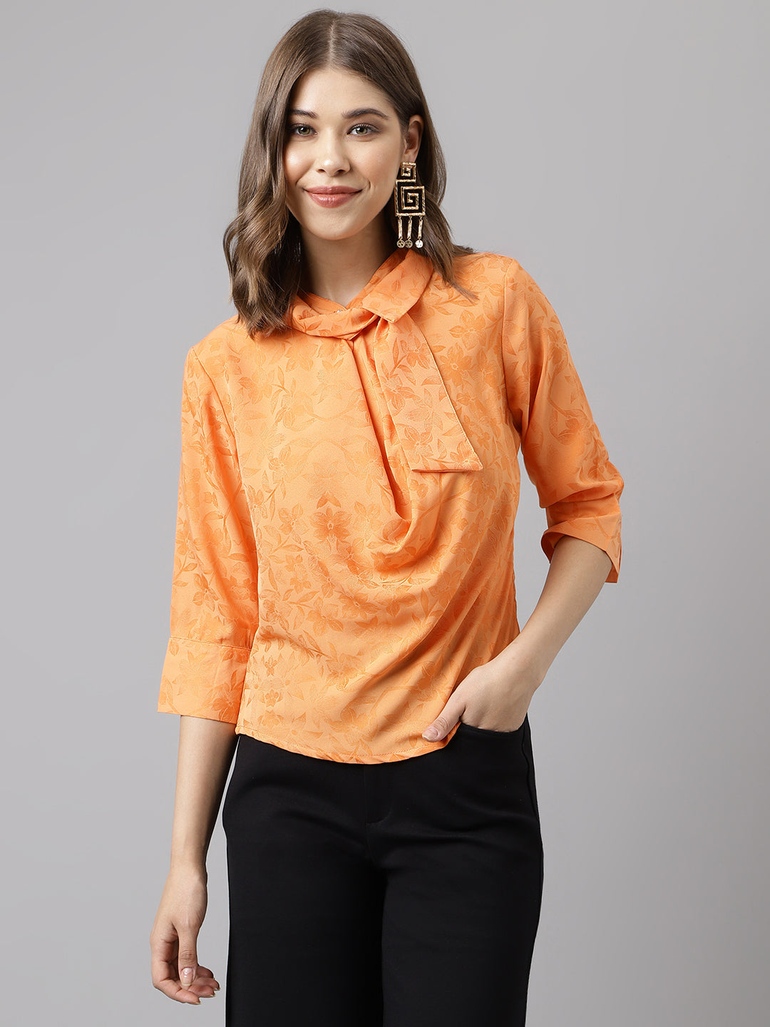 Papaya 3/4 Sleeve Solid Blouse With Tie