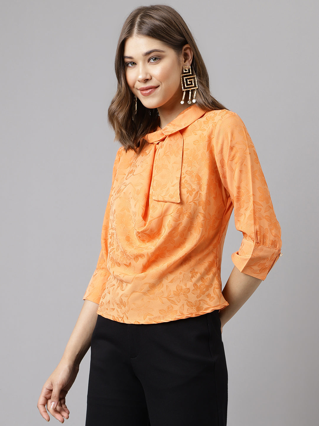 Papaya 3/4 Sleeve Solid Blouse With Tie
