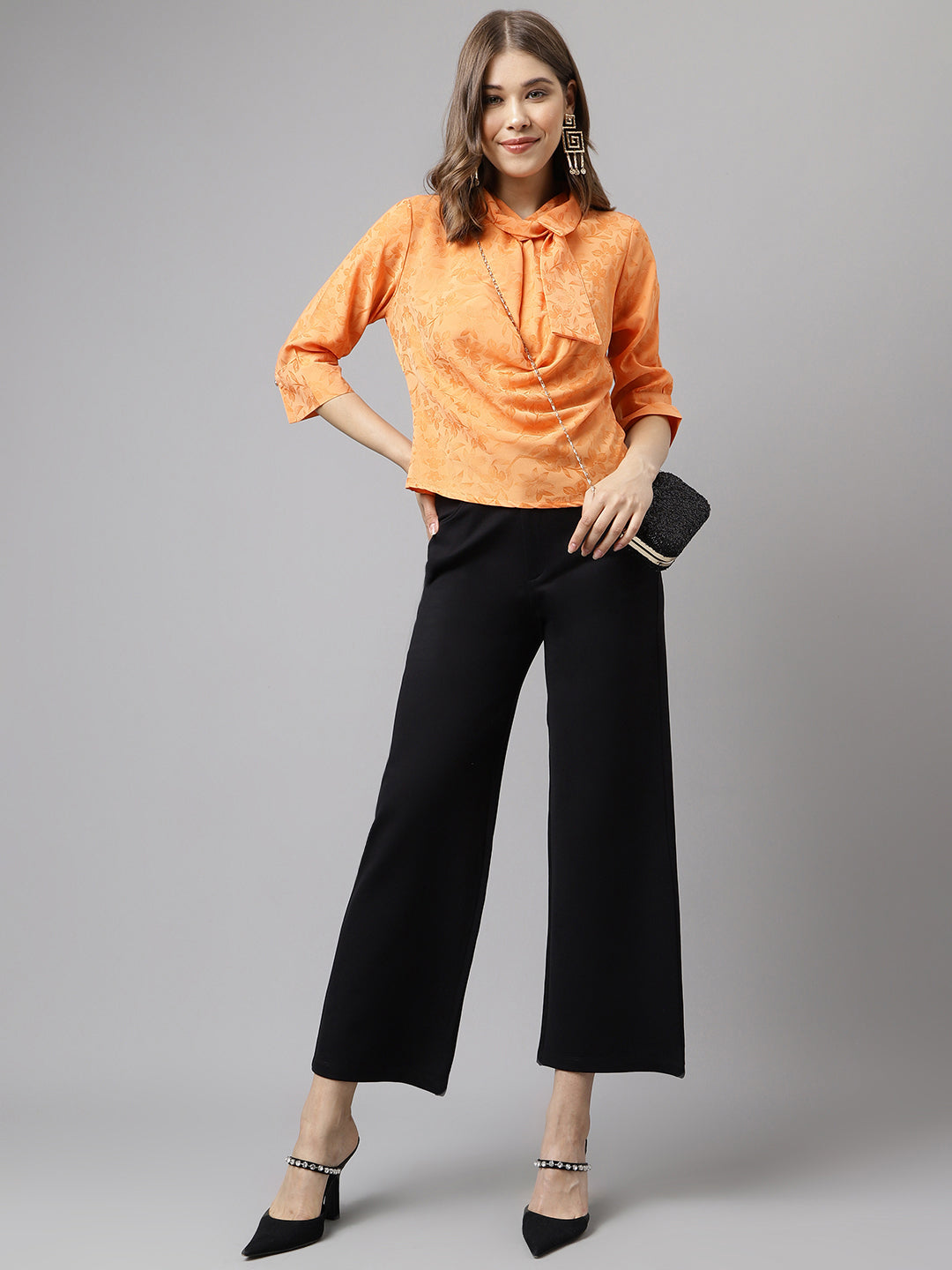 Papaya 3/4 Sleeve Solid Blouse With Tie
